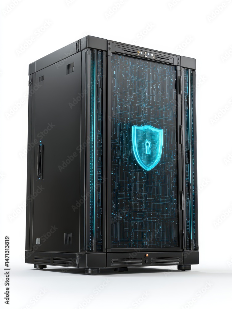 Fototapete Secure server rack with glowing shield and circuit board pattern on white background studio shot cybersecurity concept