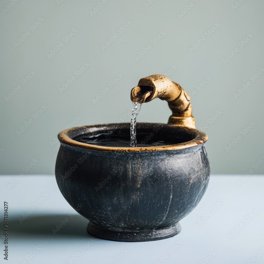 Poster water flowing from decorative spout into dark bowl still life studio shot with soft lighting and mut