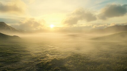 Fototapeta premium Serene Sunrise Over Misty Landscape with Rolling Hills and Clouds