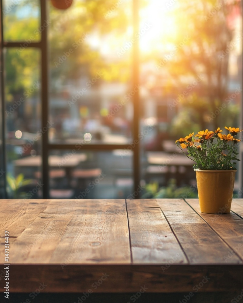 Poster wooden table with flower pot in cafe setting by window in bright sunlight background, close-up shot 