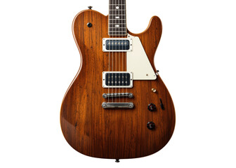 Naklejka premium Close up of brown wooden electric guitar body and neck isolated on transparent background, music, instrument, rock.
