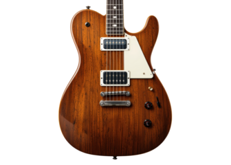 Close up of brown wooden electric guitar body and neck isolated on transparent background, music, instrument, rock.