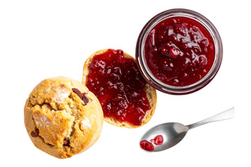 Top view of homemade jam in a jar, with a broken scone and spread, isolated on a transparent background
