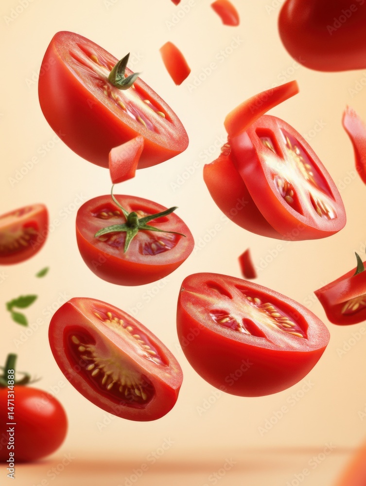 Poster sliced tomatoes floating mid-air studio shot close-up of ripe red fruit with seeds and green stem on