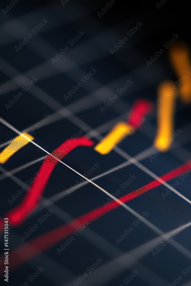 Poster financial chart close up displaying market trends and growth in red and yellow colors on a dark back