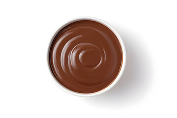 Top view chocolate ganache topping isolated on white background. Glossy chocolate glaze swirl