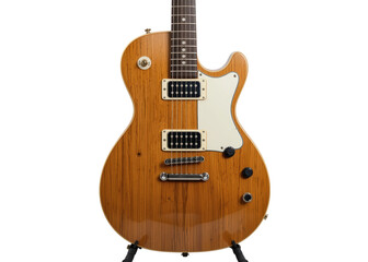 Obraz premium Close up of brown electric guitar with white pickguard and black pickups, isolated on transparent background, Music, Instrument, Rock and Roll.