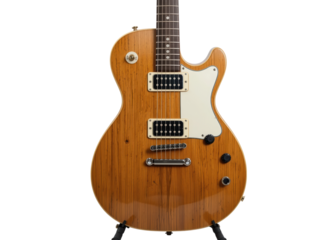 Close up of brown electric guitar with white pickguard and black pickups, isolated on transparent background, Music, Instrument, Rock and Roll.