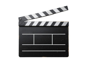 Fototapeta premium Black clapperboard with white and black stripes on the top slate, isolated on transparent background, film production, cinema, movie.
