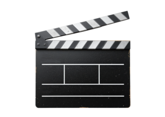 Black clapperboard with white and black stripes on the top slate, isolated on transparent background, film production, cinema, movie.