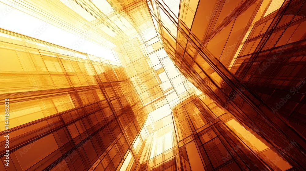 Aufkleber Abstract Architecture Perspective of Modern Building Exterior with Golden Tones and Geometric Design Elements from Low Angle