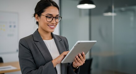 Confident businesswoman using tablet in modern office