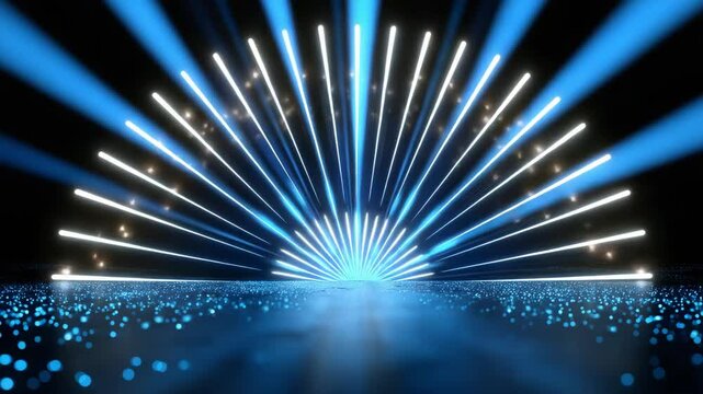Blue light rays and glowing dots shine in dark space with dynamic blue rays and glowing dots