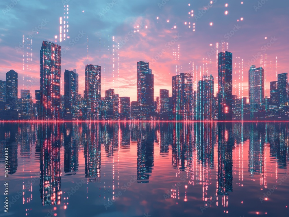 Aufkleber futuristic cityscape reflection on water at sunset with data stream overlay digital art