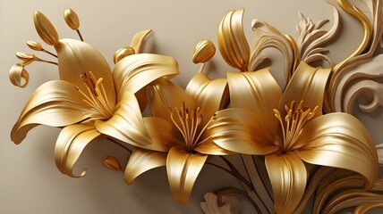 Golden Lily with Stucco Stems and Leaves An elegant 3D floral background. Elegant 3D Floral Background Featuring Golden Lily with Stucco Stems and Leaves. Generated with AI
