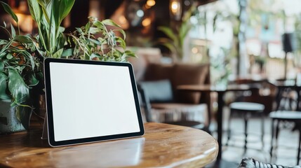 Tablet on Wooden Table in Cozy Cafe Setting with Greenery