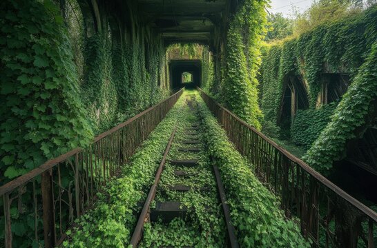 Abandoned train track covered by greenery