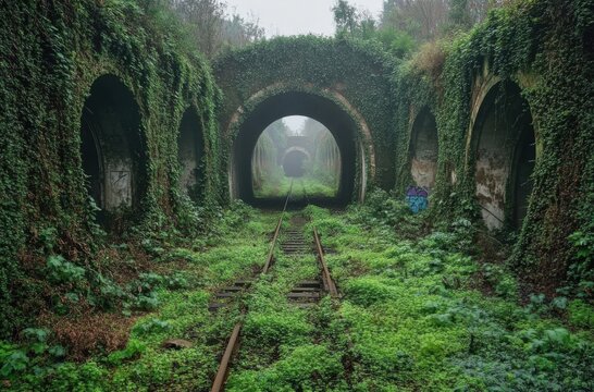Abandoned train track covered by greenery - Powered by Adobe