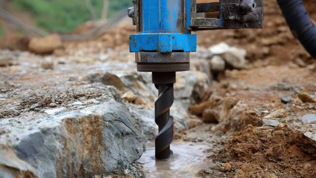 Drilling machine bit cutting into rocky soil with water splashing construction site rugged outdoor