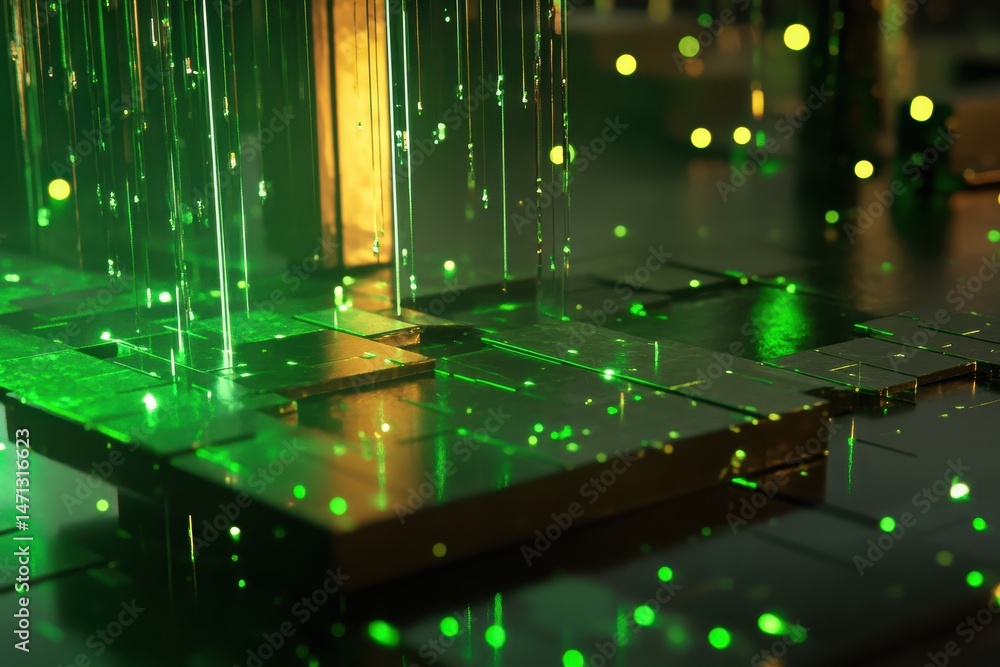 Poster Abstract Green Data Stream on Golden Platform Close Up Futuristic Technology Concept Artificial Intelligence Background