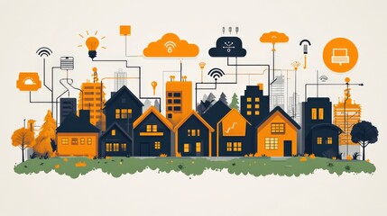 Illustration of smart city concept with vibrant houses and technology icons