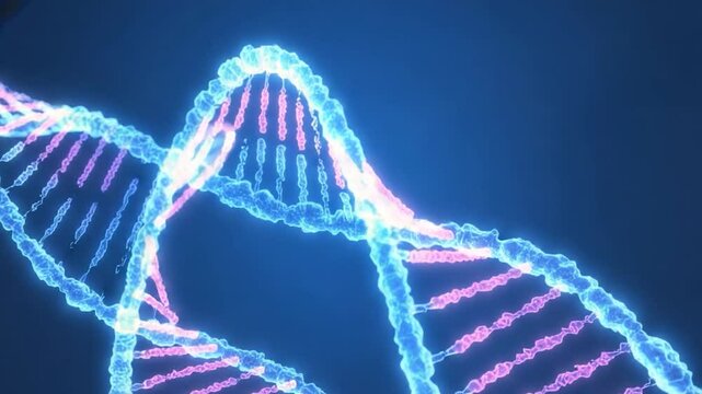 3 d render of a glowing dna strand against dark background