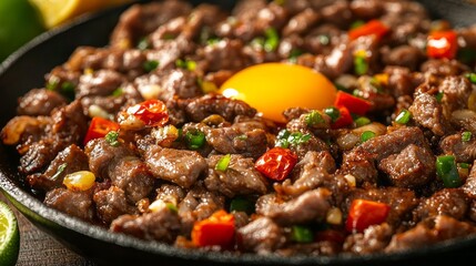 Close-up view of a savory, seasoned meat dish in a cast-iron pan.