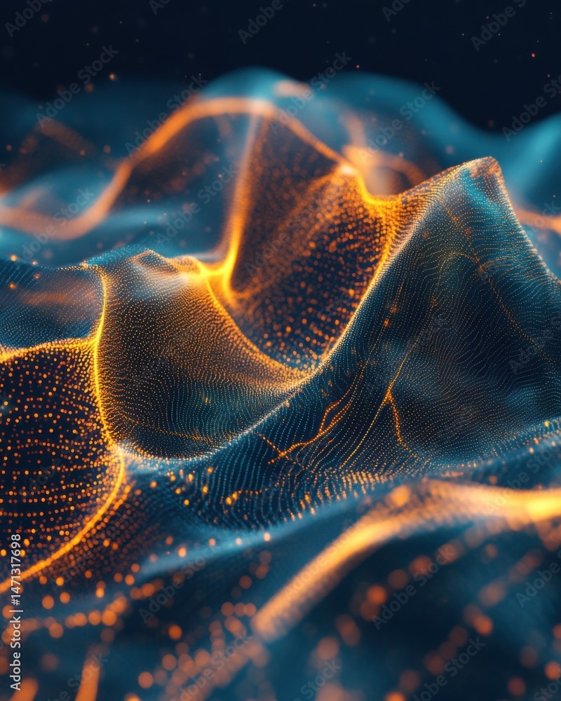 Poster Abstract Data Visualization of Glowing Particles Flowing Across a Digital Landscape Close Up Shot