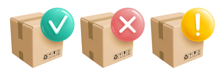 3d icons cardboard delivery box or parcel with order status process signs. Delivery info symbols, check mark, delivered, cancelled, attention. Logistic, tracking, shipping concept. Vector illustration © Pagina