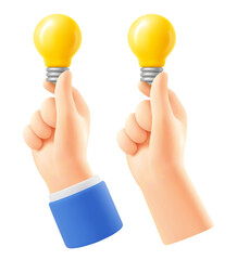 Cute cartoon hand holding yellow light bulb. Set of 3d realistic icons, design elements. Concept of great idea, quick tip, brainstorm or startup. Vector illustration