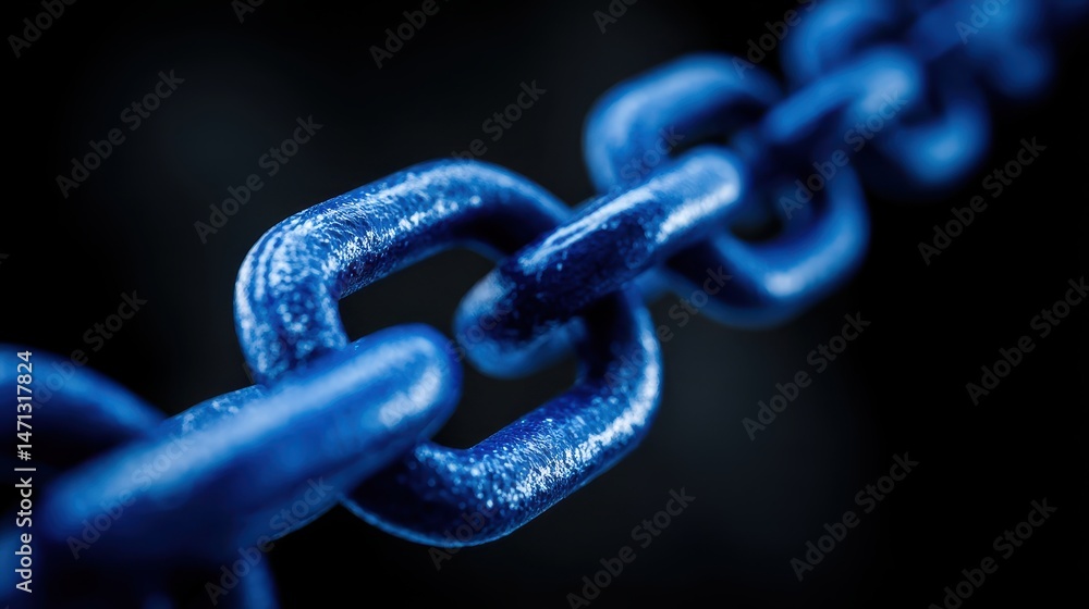 Aufkleber Macro Shot of a Blue Chain Links on Dark Background Showing Strength and Connection in a Studio Setting