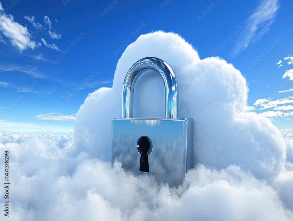 Poster Cloud security concept of a padlock in the sky with fluffy clouds and blue sky background security and privacy protection