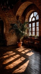 Fototapeta premium Interior of a stylish loft apartment with a palm tree, brick walls, arched windows, and hardwood floors, bathed in warm sunlight