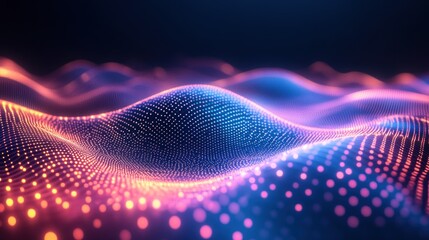 Abstract digital wave patterns with glowing particles.