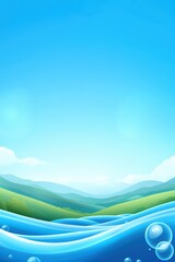 Obraz premium Serene Landscape Illustration of Rolling Hills and Water with Bubbles Under a Bright Blue Sky