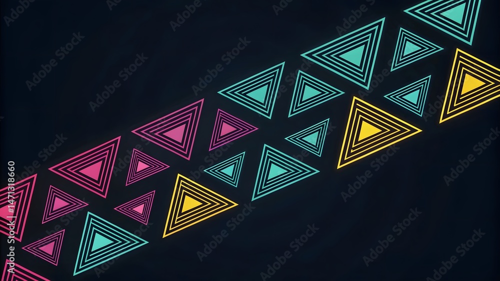 Poster diagonal arrangement of colorful outlined triangles on a dark background creating a modern design