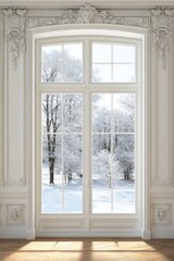 Ornate Window Frame View of Winter Wonderland Snow Covered Trees in Natural Light Interior Scene