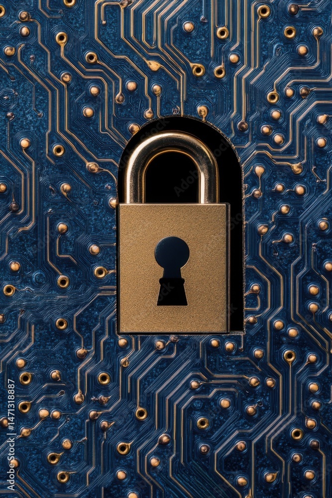 Poster golden padlock securing a blue circuit board overhead shot of data protection and cybersecurity