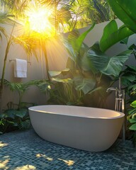 Bathtub in tropical garden with sunlight shining through palm trees serene outdoor bathroom scene