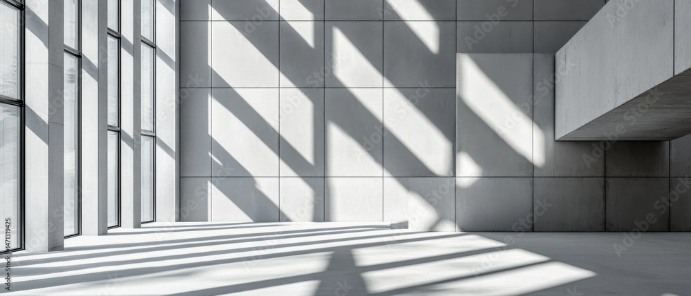 Poster sunlight streaming through modern architecture interior casting shadows on concrete wall and floor m