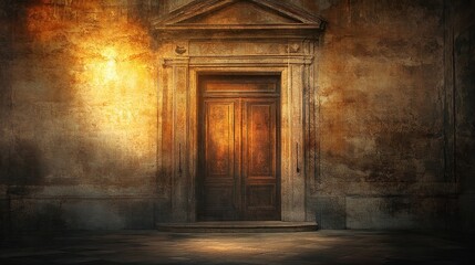 Obraz premium Mysterious Old Wooden Door Vintage Entrance Antique Wall Golden Light Secret Passage Historical