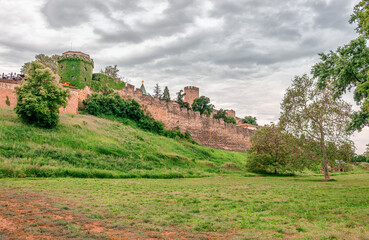 The walls of the upper town of the Belgrade Fortress seen from the Kalemegdan park. In Belgrade, Serbia.