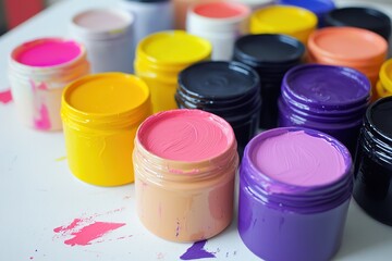 A series of colorful paint jars with brushstrokes of yellow, pink, and purple splashed across a white canvas