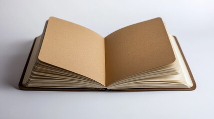 Open notebook on white surface, close up shot of blank pages, journaling concept, studio shot, neutral tones, minimalist style