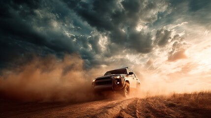 Fototapeta premium SUV Adventure Dusty Road Sunset Off Road Journey 4x4 Drive