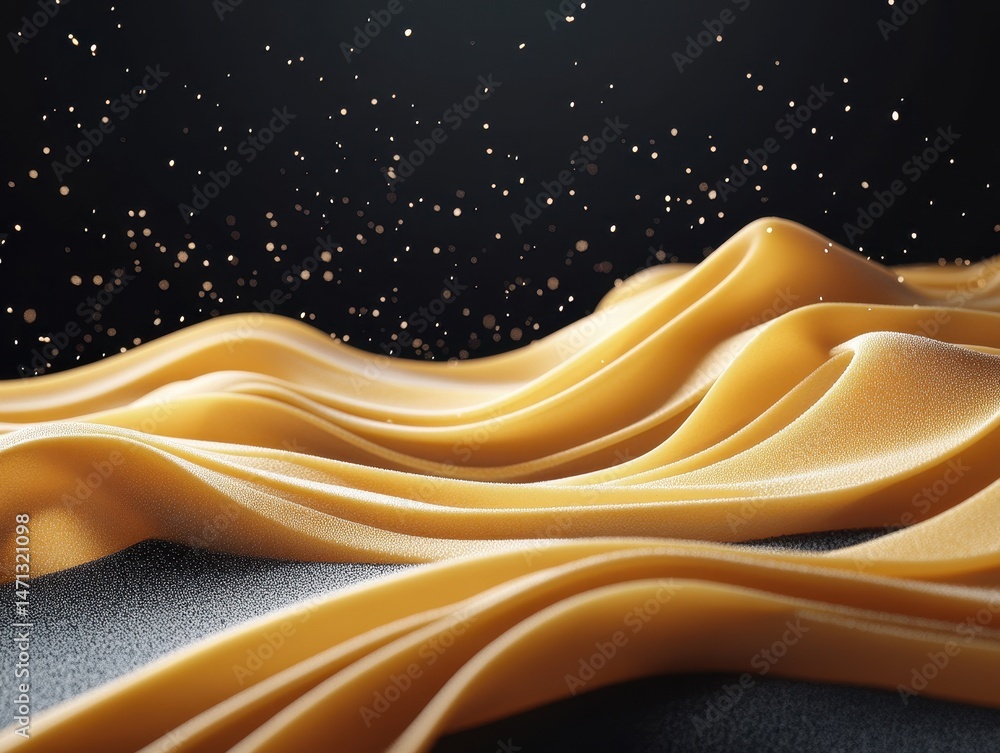Poster abstract golden waves flowing against dark background with bokeh dots studio shot elegant luxury sty