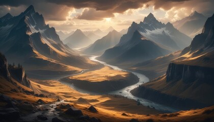 Majestic mountain valley at golden hour