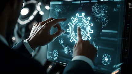 Man Interacting with a Glowing Gear on a Digital Interface Screen Display