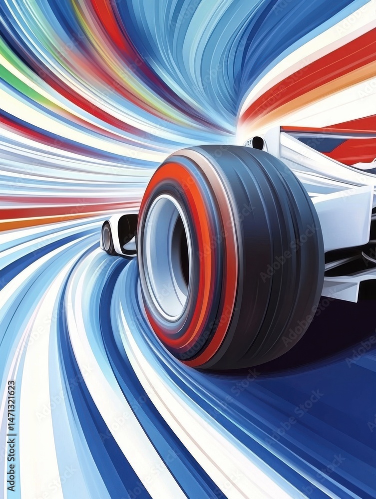 Poster Formula One Racing Car Speeding with Motion Blur Abstract Background Close Up Artistic Render