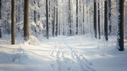 Snowy winter forest path, sunlit and pristine.